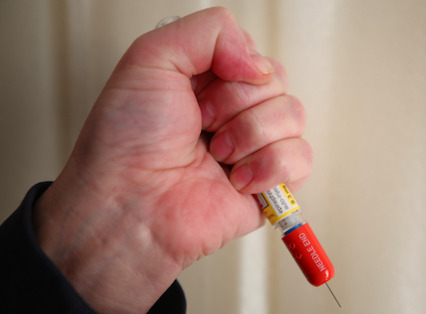 Epinephrine injections save lives but accidental injection into a finger can potentially cause tissue damage.